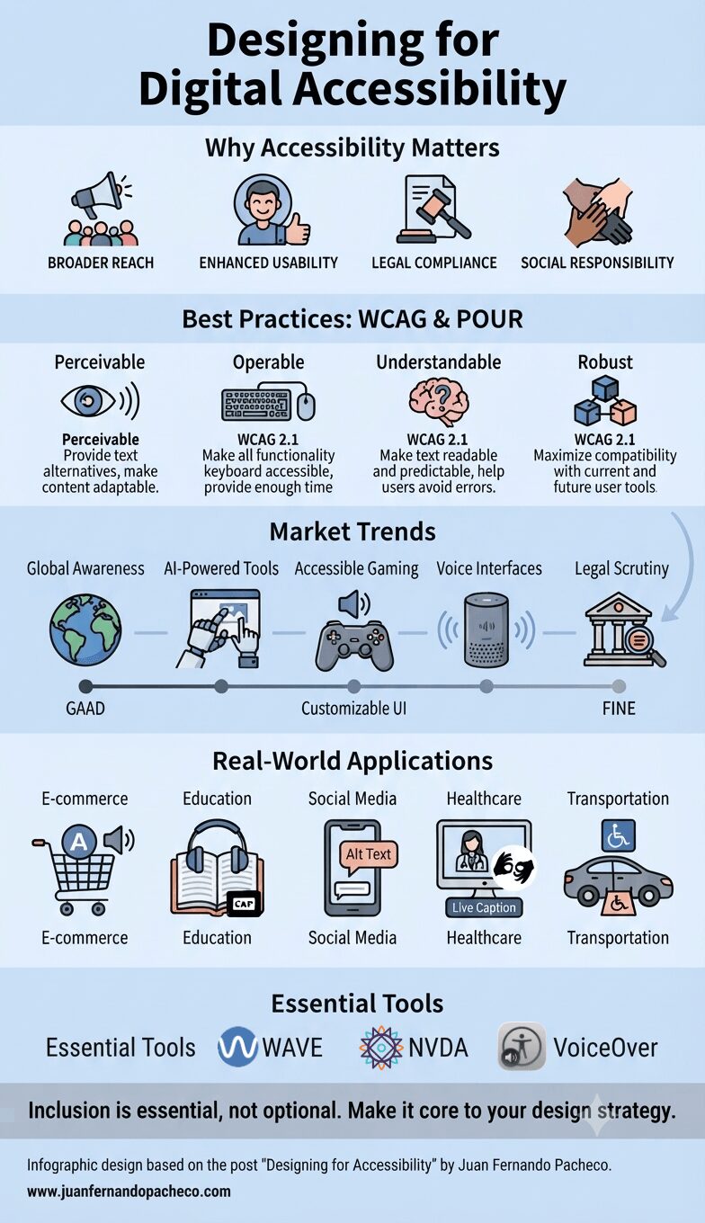Comprehensive infographic titled 'Designing for Digital Accessibility' summarizing best practices, market trends, real-world applications, and essential tools for creating inclusive digital experiences, based on content by Juan Fernando Pacheco.