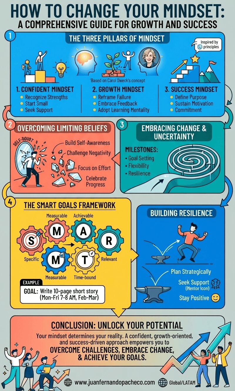 A detailed infographic titled "HOW TO CHANGE YOUR MINDSET: A COMPREHENSIVE GUIDE FOR GROWTH AND SUCCESS" (1,200 x 2,004 pixels). It is structured as a step-by-step flow using a vibrant, modern color palette. Section 1, "THE THREE PILLARS OF MINDSET," details the Confident, Growth (featuring Carol Dweck's concept), and Success mindsets. Section 2, "OVERCOMING LIMITING BELIEFS," illustrates shattering a mirror labeled "SELF-DOUBT." Section 3, "EMBRACING CHANGE & UNCERTAINTY," uses a maze and path graphic. Section 4, "THE SMART GOALS FRAMEWORK," defines S.M.A.R.T. with interlocking gears and an example. Section 5, "BUILDING RESILIENCE," shows an anvil and a bouncing figure. The infographic concludes with a summary, the website "www.juanfernandopacheco.com," and a "Global/LATAM" tag, all set against a neutral grey background with illustrative icons.