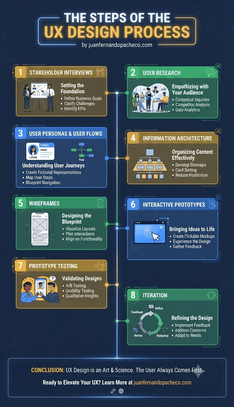 Infographic titled "The Steps of the UX Design Process by juanfernandopacheco.com" presented in a vertical, connected layout against a dark blue background. Eight numbered steps are detailed sequentially: 1. Stakeholder Interviews, 2. User Research, 3. User Personas & User Flows, 4. Information Architecture, 5. Wireframes, 6. Interactive Prototypes, 7. Prototype Testing, and 8. Iteration. Each step features a descriptive icon or illustration, a subtitle explaining the goal, and three specific bullet points outlining the activity. The infographic concludes with a summary banner emphasizing user-centered design and a call to action for the provided website.