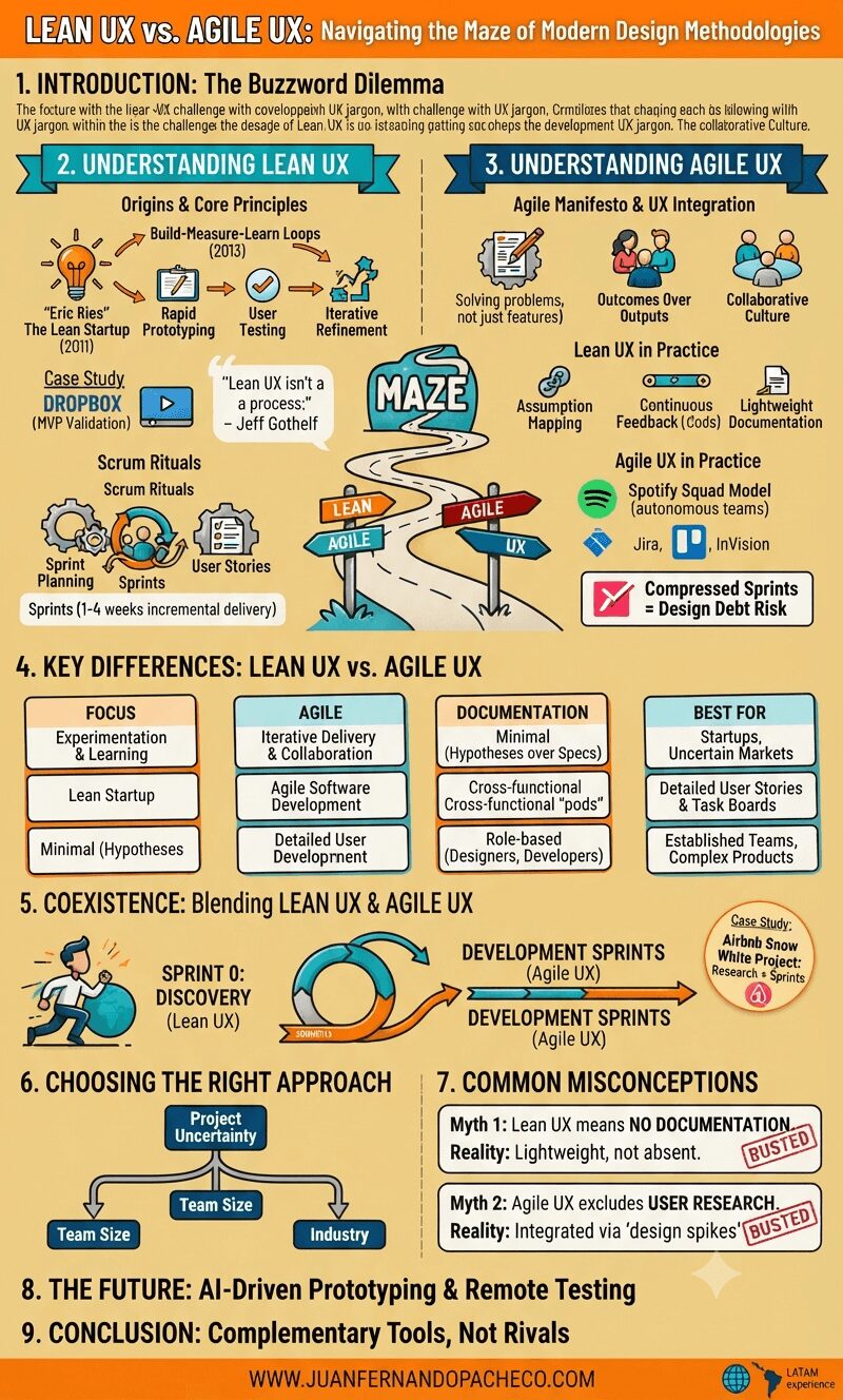 An infographic titled "Lean UX vs. Agile UX" with a warm yellow background. It is structured into nine sections, starting with an introduction to the buzzword dilemma. Sections two and three detail the origins, core principles, and practices of Lean UX (Build-Measure-Learn) and Agile UX (Scrum, Sprints). A central illustration of a maze visualizes the choice between the two. A comparison table in section four highlights key differences in focus, documentation, team structure, and best use cases. Section five illustrates how they can coexist, using a Sprint 0 (Lean) leading into Development Sprints (Agile). Further sections cover choosing the approach, common misconceptions (busted myths), future trends, and a conclusion. The infographic includes case studies of Dropbox (Lean) and Airbnb (Coexistence) and lists the URL www.juanfernandopacheco.com at the bottom.