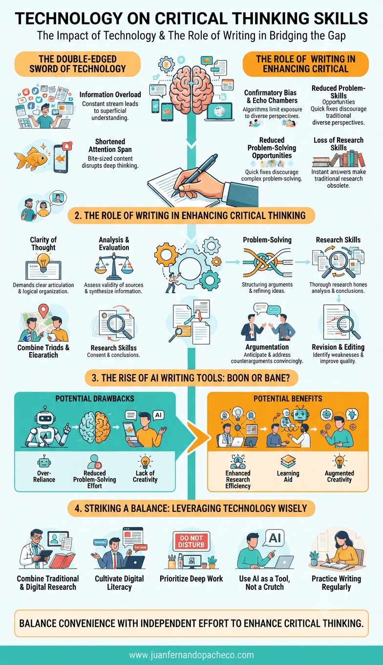 A vertical infographic titled "Technology on Critical Thinking Skills" illustrating the impact of technology, the role of writing, AI tools, and strategies for balance, based on content from juanfernandopacheco.com.
