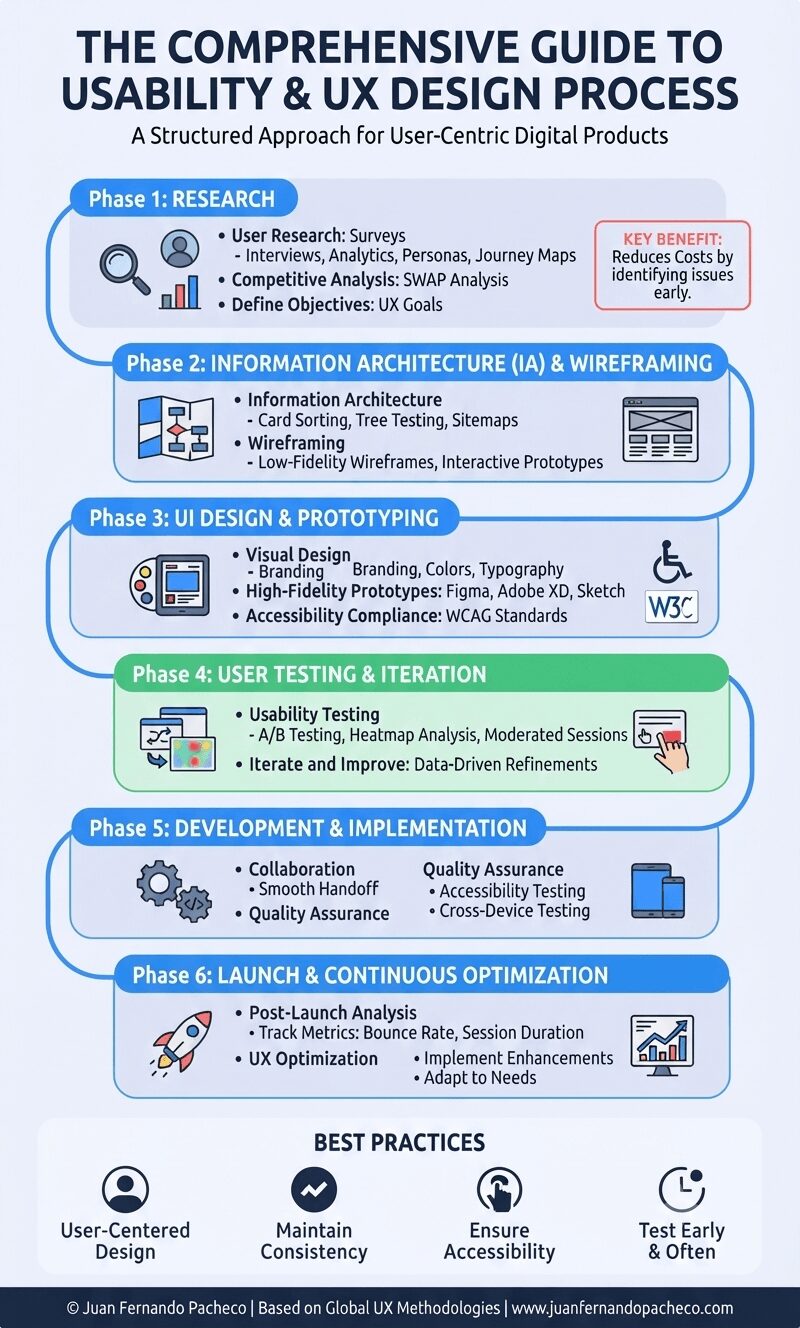 A vertical infographic roadmap titled 'The Comprehensive Guide to Usability & UX Design Process' detailing six sequential phases: 1. Research, 2. Information Architecture (IA) & Wireframing, 3. UI Design & Prototyping, 4. User Testing & Iteration, 5. Development & Implementation, and 6. Launch & Continuous Optimization. The clean, professional design uses a palette of blues, green, lavender, and coral, and includes sub-steps, icons, and a footer with the URL www.juanfernandopacheco.com.