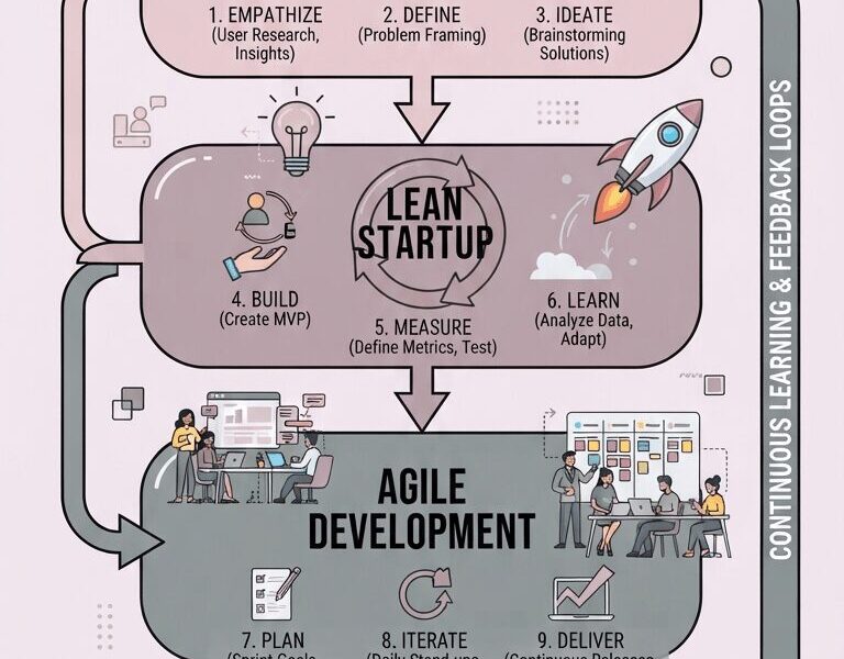 Infographic titled "The Innovation Blueprint" showing a workflow connecting Design Thinking, Lean Startup, and Agile methodologies. Icons representing user empathy, MVP building, and iterative sprint cycles lead to a central competitive advantage goal, with a reference to www.juanfernandopacheco.com.