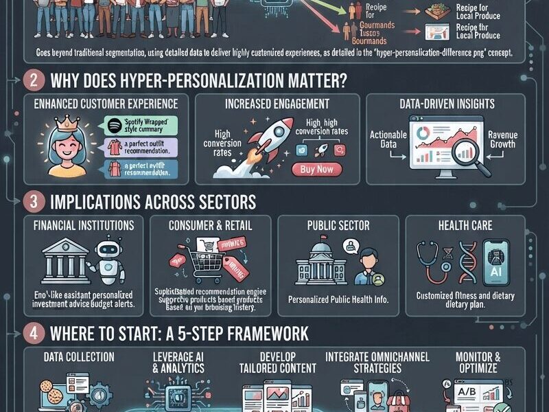 A detailed vertical infographic titled "The Power of Hyper-Personalization in Modern Marketing" illustrating the evolution from traditional segmentation to 1-to-1 marketing. It includes sections on the definition, benefits (Enhanced Experience, Increased Engagement, Data Insights), sector applications (Finance, Retail, Public Sector, Healthcare), a 5-step implementation framework (Data Collection, AI & Analytics, Content Development, Omnichannel, Optimization), and key challenges, ending with the website "WWW.JUANFERNANDOPACHECO.COM".
