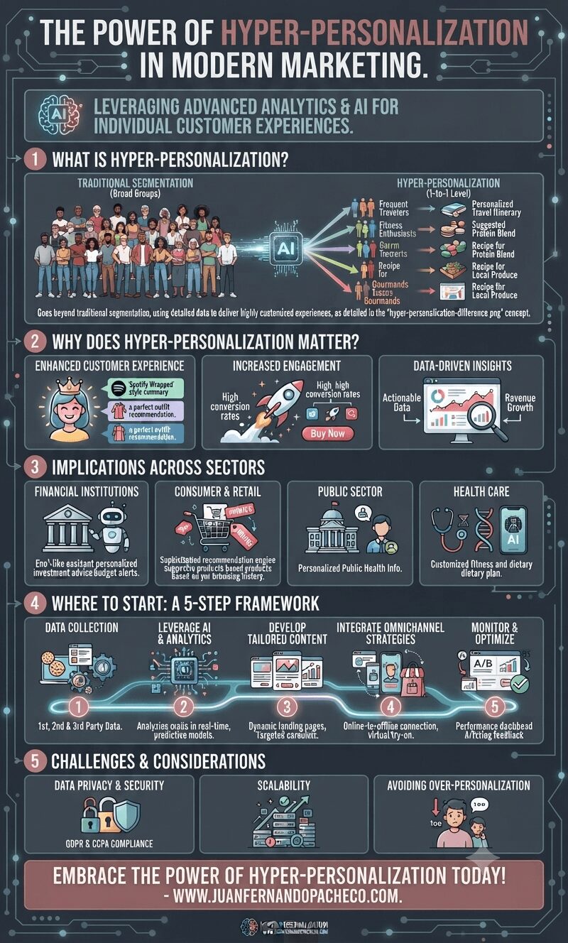 A detailed vertical infographic titled "The Power of Hyper-Personalization in Modern Marketing" illustrating the evolution from traditional segmentation to 1-to-1 marketing. It includes sections on the definition, benefits (Enhanced Experience, Increased Engagement, Data Insights), sector applications (Finance, Retail, Public Sector, Healthcare), a 5-step implementation framework (Data Collection, AI & Analytics, Content Development, Omnichannel, Optimization), and key challenges, ending with the website "WWW.JUANFERNANDOPACHECO.COM".