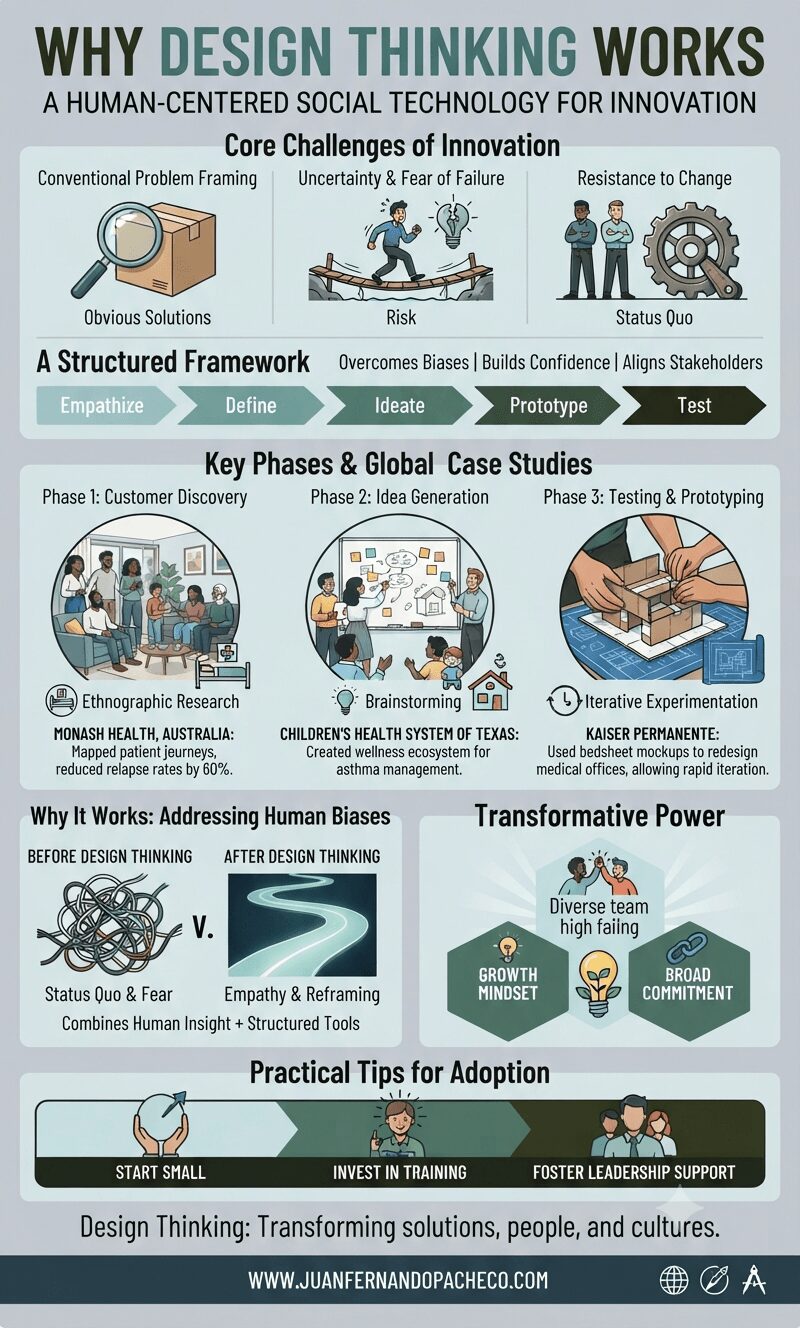 An infographic titled "Why Design Thinking Works" detailing the methodology's core principles, phases, and impact through text blocks and illustrations, including global case studies from Monash Health, Children's Health System of Texas, and Kaiser Permanente. The footer includes the URL WWW.JUANFERNANDOPACHECO.COM.