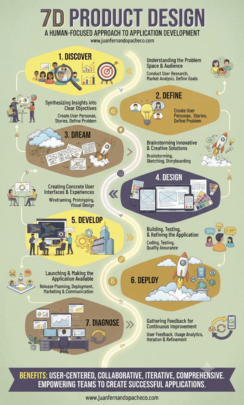 Infographic titled "7D Product Design: A Human-Focused Approach to Application Development" laid out vertically in seven numbered stages: Discover, Define, Dream, Design, Develop, Deploy, and Diagnose. Each section features icons and text summarizing the key activities and objectives of that phase. The overall framework emphasizes an iterative and collaborative process for creating user-centered applications.