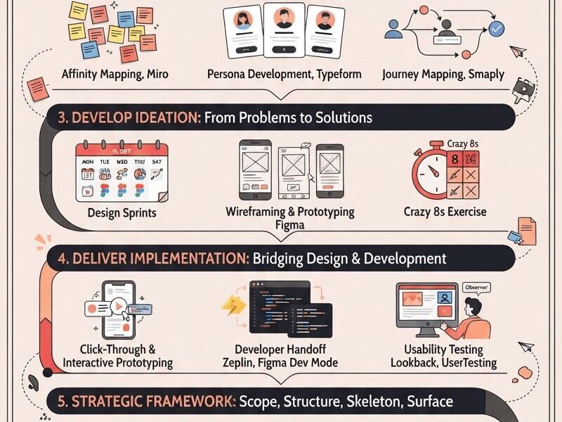 A detailed vertical infographic visualizing a comprehensive UX design process, building upon the principles shown in image_0.png and incorporating the full guide provided.