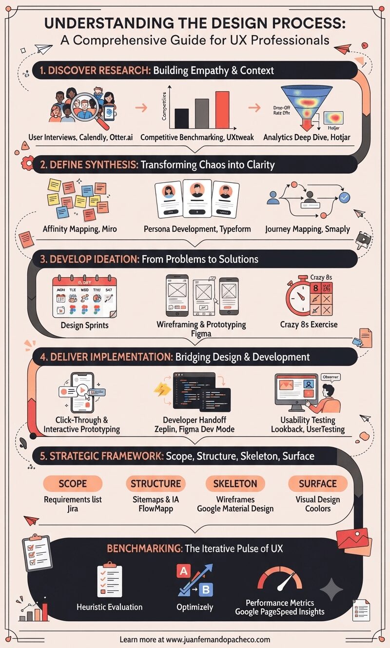 A detailed vertical infographic visualizing a comprehensive UX design process, building upon the principles shown in image_0.png and incorporating the full guide provided.