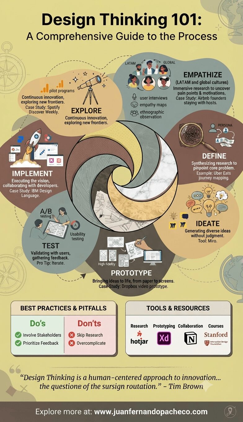 An infographic titled "Design Thinking 101" displaying the seven-phase design thinking process (Empathize, Define, Ideate, Prototype, Test, Implement, Explore) in a circular, flowing design on a beige background, featuring icons, key case study references, best practices, and links to professional tools.