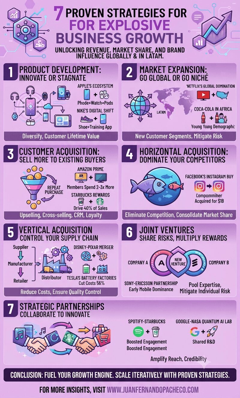 An infographic titled "7 Proven Strategies for Explosive Business Growth," presented in a professional purple-themed layout. It details seven numbered sections with icons and examples: 1. Product Development (Apple, Nike), 2. Market Expansion (Netflix, Coca-Cola), 3. Customer Acquisition (Amazon Prime, Starbucks), 4. Horizontal Acquisition (Facebook/Instagram), 5. Vertical Acquisition (Disney/Pixar, Tesla), 6. Joint Ventures (Sony-Ericsson), and 7. Strategic Partnerships (Spotify/Starbucks, Google/NASA). The bottom includes a conclusion and the URL www.juanfernandopacheco.com.