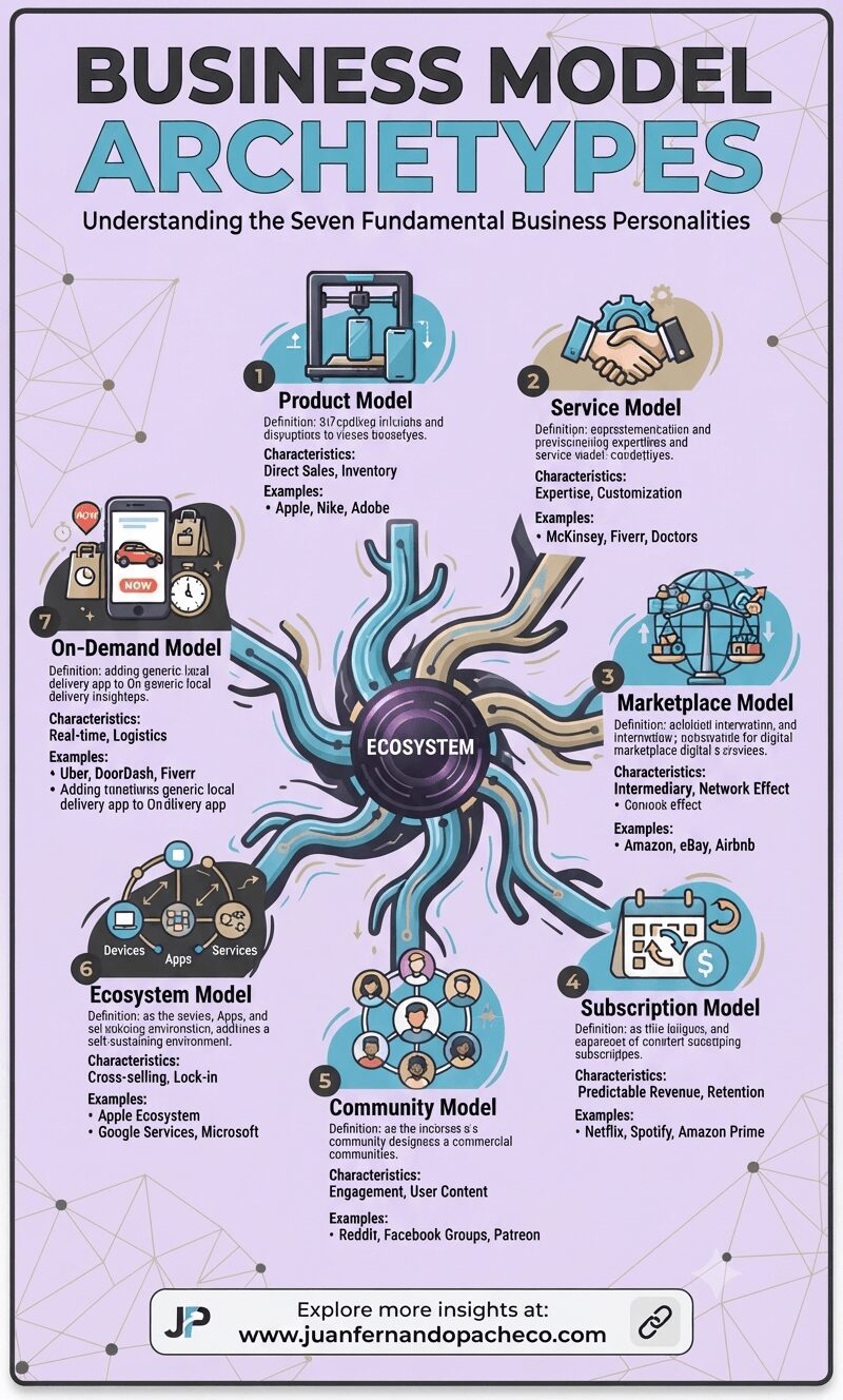 An infographic titled "BUSINESS MODEL ARCHETYPES: Understanding the Seven Fundamental Business Personalities" on a light purple background. It features a central, stylized, branching structure labeled "ECOSYSTEM" that connects to seven circular diagrams, each detailing a specific business model archetype: Product, Service, Marketplace, Subscription, Community, Ecosystem (central core), and On-Demand, complete with characteristics and examples. The footer includes the website "www.juanfernandopacheco.com".
