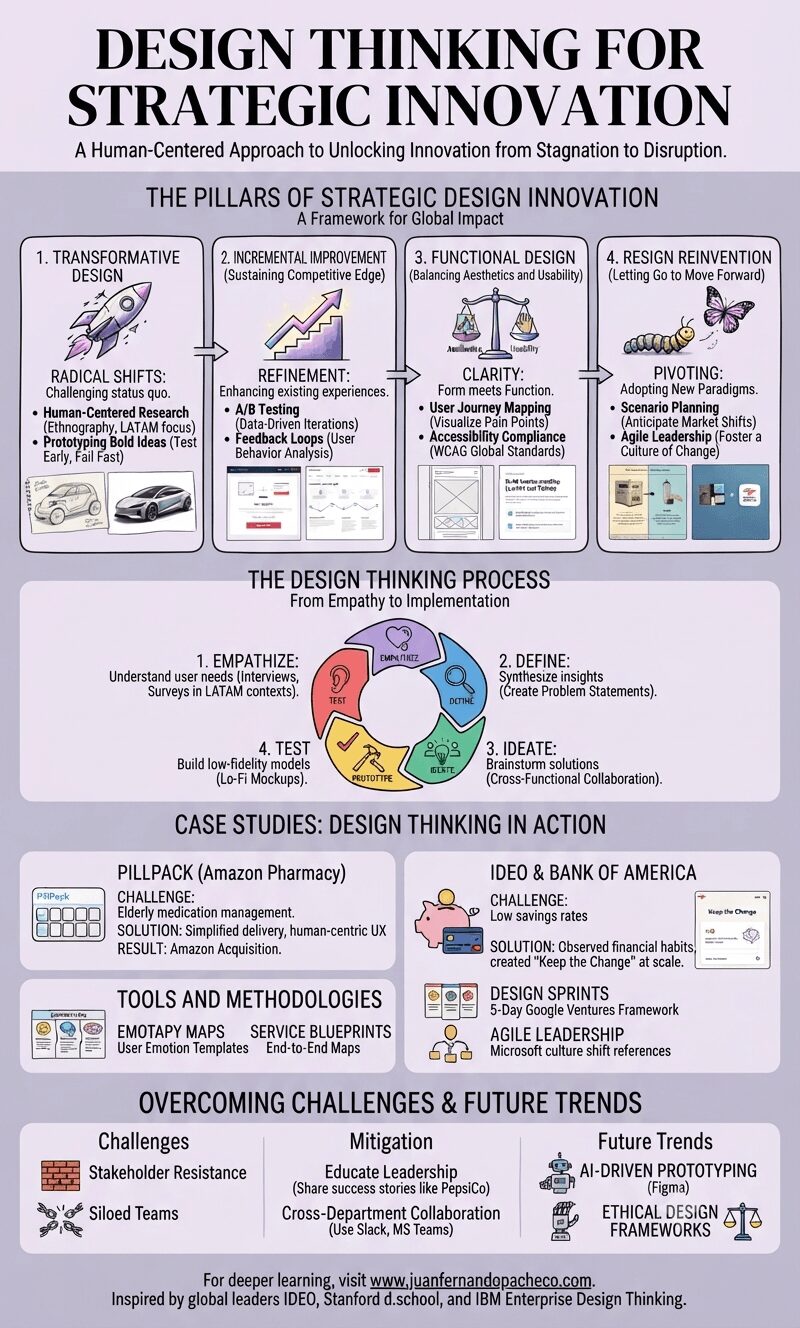 An infographic titled "DESIGN THINKING FOR STRATEGIC INNOVATION" with a human-centered approach, detailing the four pillars (Transformative Design, Incremental Improvement, Functional Design, Resign Reinvention), the five-stage process, case studies (PillPack, IDEO & Bank of America), tools, challenges, future trends, and a final call to action and website reference www.juanfernandopacheco.com.