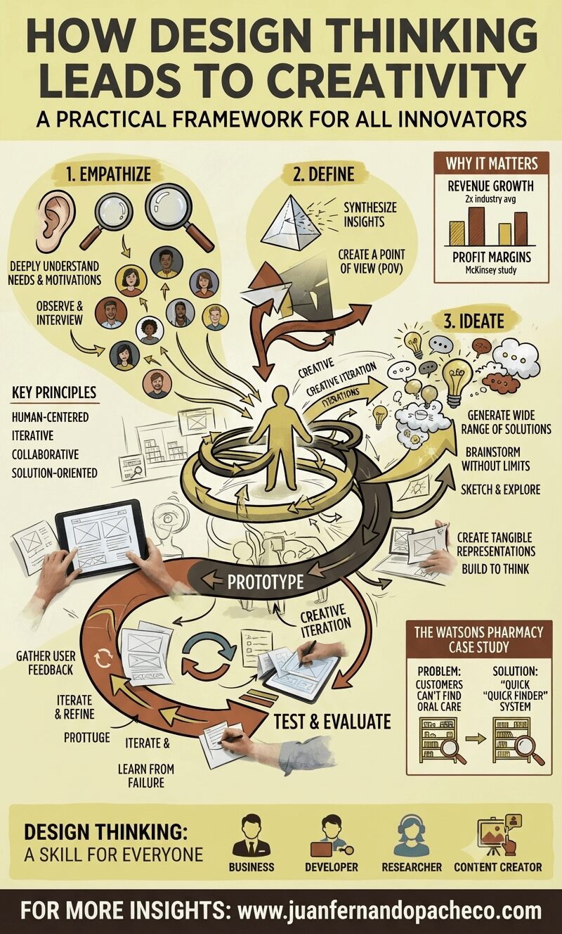 An intricate vertical infographic titled "How Design Thinking Leads to Creativity" (1,200px x 2,000+px). The design is structured around a central spiraling pathway connecting five distinct stages visualized with illustrations, icons, and text: 1. Empathize (ear, magnifying glasses, user portraits), 2. Define (pyramid, insights), 3. Ideate (lightbulbs, brain), 4. Prototype (hands with tablet and paper), 5. Test & Evaluate (feedback loops). The background is a pale yellow, using a color palette of mustards, browns, and charcoal. Sidebars detail "Why It Matters" (McKinsey study stats), "Key Principles," and a "Watsons Pharmacy Case Study." The bottom features a banner: "Design Thinking: A Skill for Everyone" with four persona icons and the URL "www.juanfernandopacheco.com".