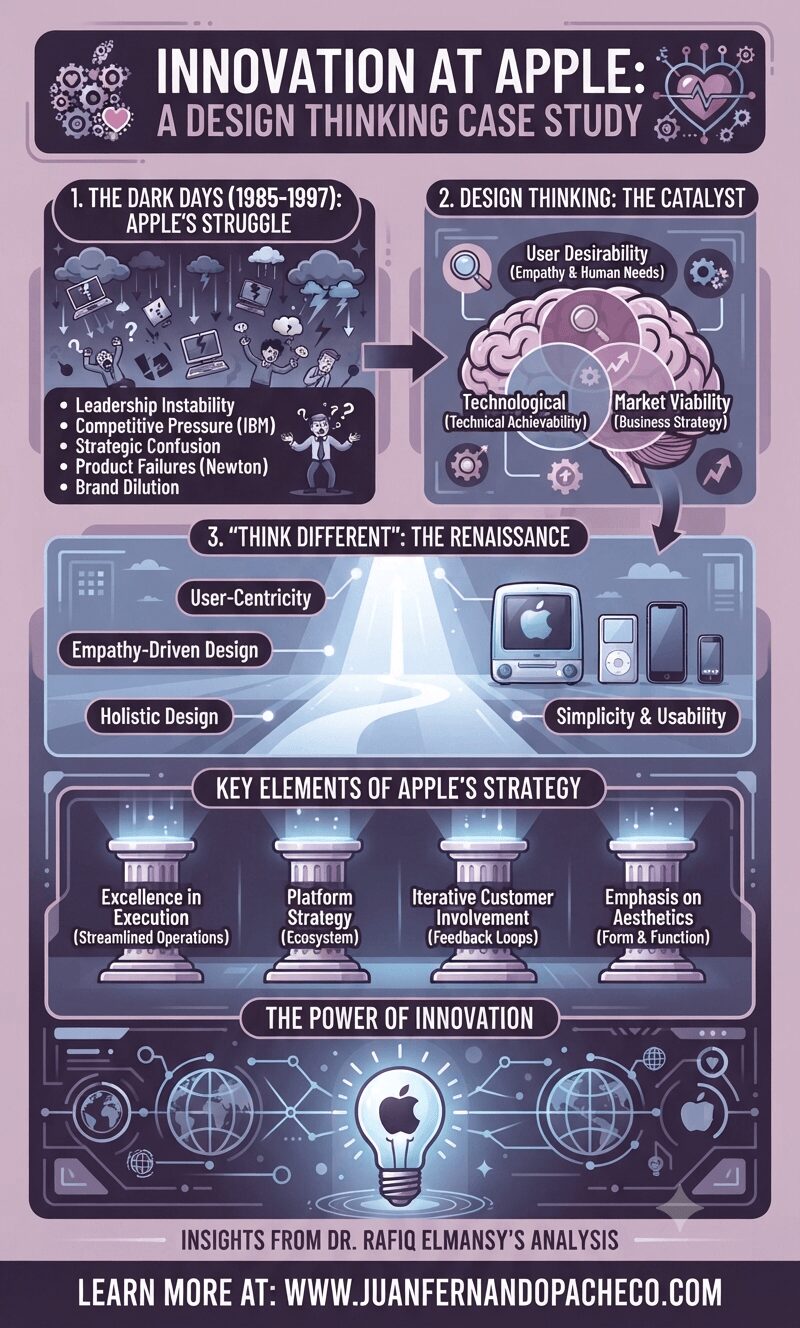 An infographic detailing Apple's business transformation, divided into four horizontal sections: "Apple's Struggle," "Design Thinking Catalyst," "Apple's Renaissance," and "Key Elements of Apple's Strategy." The design uses a purple and lilac color palette with illustrative icons like storm clouds, a human brain, and a lightbulb.