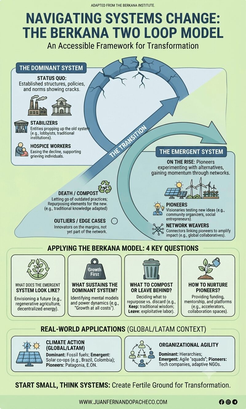 Infographic illustrating the Berkana Two Loop Model for systems change, showing the decline of the dominant system and the rise of the emergent system, with key roles and transition phases labeled.