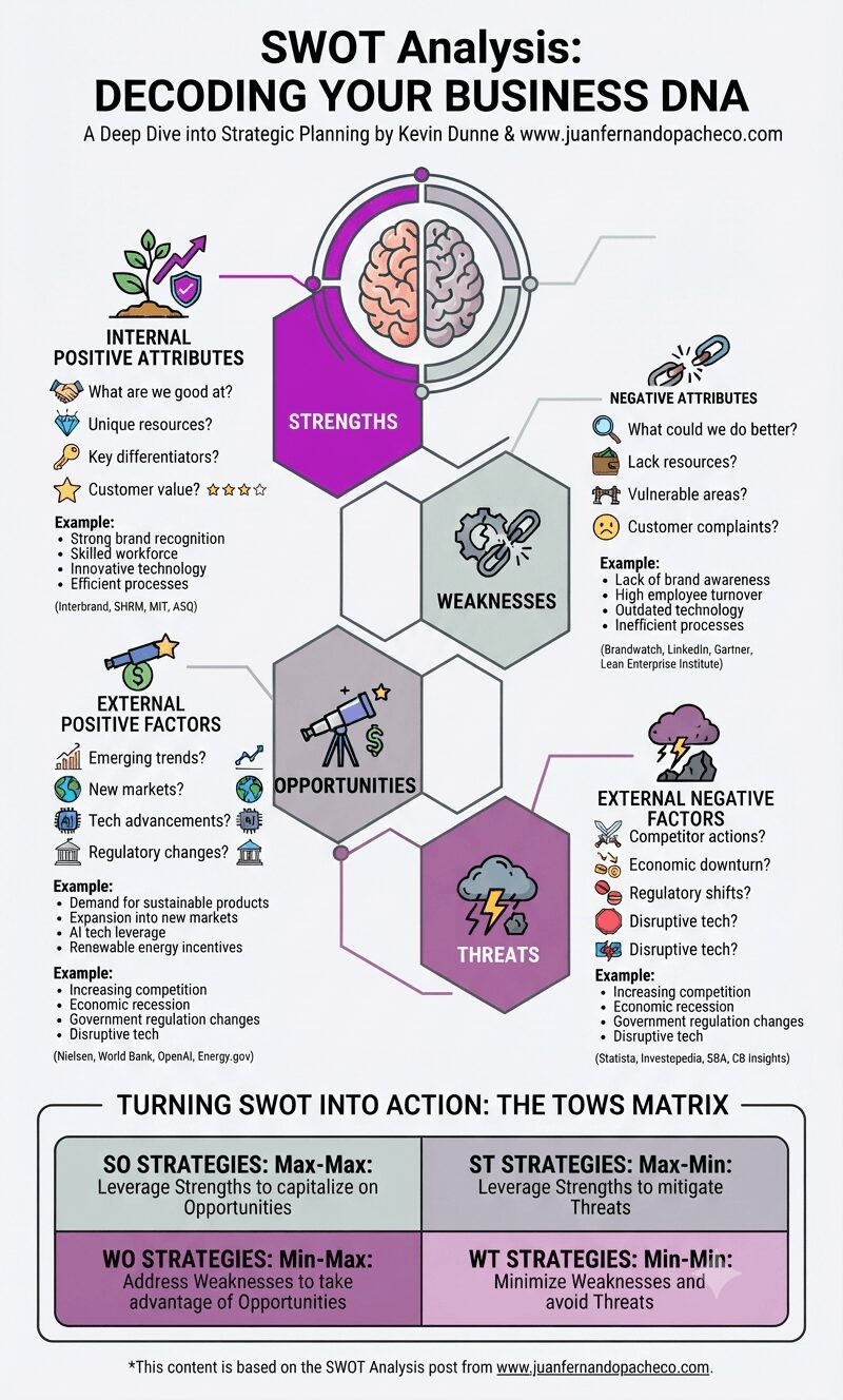 A vertical infographic titled "SWOT Analysis: Decoding Your Business DNA" featuring a central diagram of a brain split into internal (Strengths, Weaknesses) and external (Opportunities, Threats) factors. The top left shows 'Strengths' (plant, shield, gear) with examples like strong brand and skilled workforce. The top right shows 'Weaknesses' (broken gear, chain) with examples like high turnover and outdated tech. The bottom left shows 'Opportunities' (telescope, rising star) with examples like new markets and AI. The bottom right shows 'Threats' (storm cloud, lightning) with examples like recession and competition. A large bottom section outlines "The TOWS Matrix" with SO, ST, WO, and WT strategies. The design uses a modern palette of teals, lavender, and magentas on a light gray background.