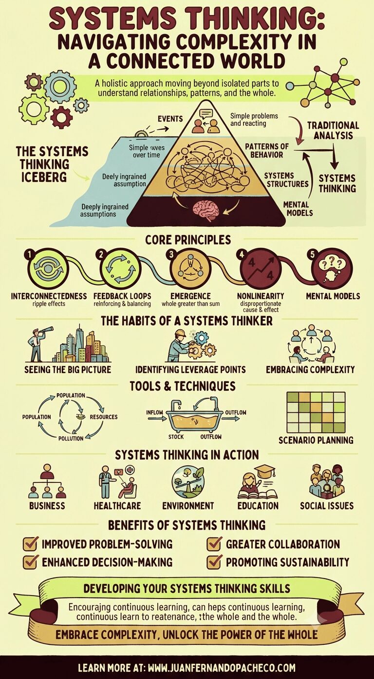 An infographic titled "Systems Thinking: Navigating Complexity in a Connected World," featuring a "Systems Thinking Iceberg" diagram that contrasts traditional analysis with systems thinking, followed by sections on core principles, habits, tools, applications, and benefits, all presented in an illustrative, illustrative style with a light cream and maroon color palette.