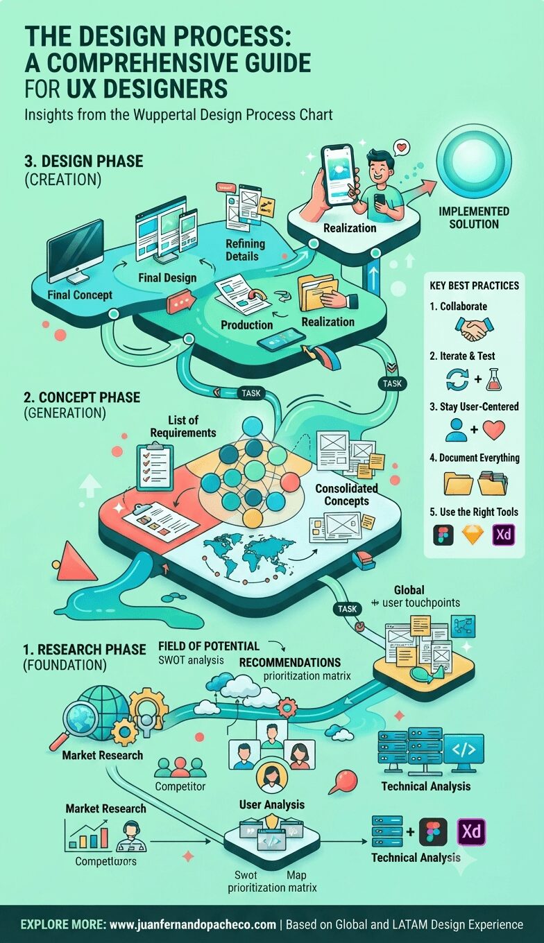 An illustrative infographic titled "The Design Process: A Comprehensive Guide for UX Designers," presented as a 3D isometric flow. It details a three-phase process: "1. Research Phase (Foundation)" including market research, user analysis, and technical analysis; "2. Concept Phase (Generation)" covering potential, requirements, and consolidated concepts; and "3. Design Phase (Creation)" involving final concepts, refinement, and realization. Best practices and tool icons are included, with a URL at the bottom.