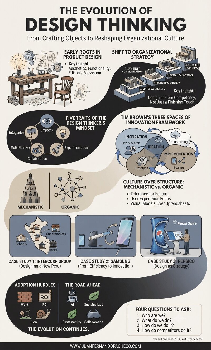 An intricate vertical infographic titled 'The Evolution of Design Thinking' detailing its journey from product design to organizational strategy. It covers historical roots (Edison, Buchanan's Orders of Design), Tim Brown’s principles and Three Spaces of Innovation, cultural aspects (Mechanistic vs. Organic), case studies (Intercorp, Samsung, PepsiCo), and future challenges, incorporating a footer with the URL www.juanfernandopacheco.com.