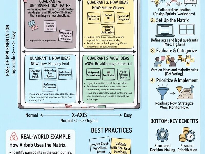 A creative infographic of the How-Now-Wow Matrix, visualized as a whiteboard with color-coded quadrants (Blue-Now, Green-Wow, Yellow-How) populated by sticky notes and hand-drawn examples. It includes a step-by-step guide for UX idea prioritization and benefits.