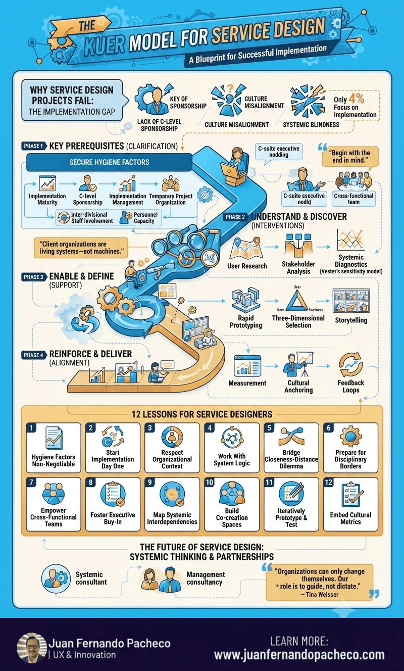 A comprehensive infographic detailing "The KUER Model for Service Design: A Blueprint for Successful Implementation." The vertical image is structured into four main sections: "Why Service Design Projects Fail," the four-phase KUER model (Key Prerequisites, Understand & Discover, Enable & Define, Reinforce & Deliver), "12 Lessons for Service Designers," and "The Future of Service Design." The color palette is a modern combination of light blue, dark blue, and warm beige/gold. All text from the post is legible and organized. The website "www.juanfernandopacheco.com" is included at the bottom.