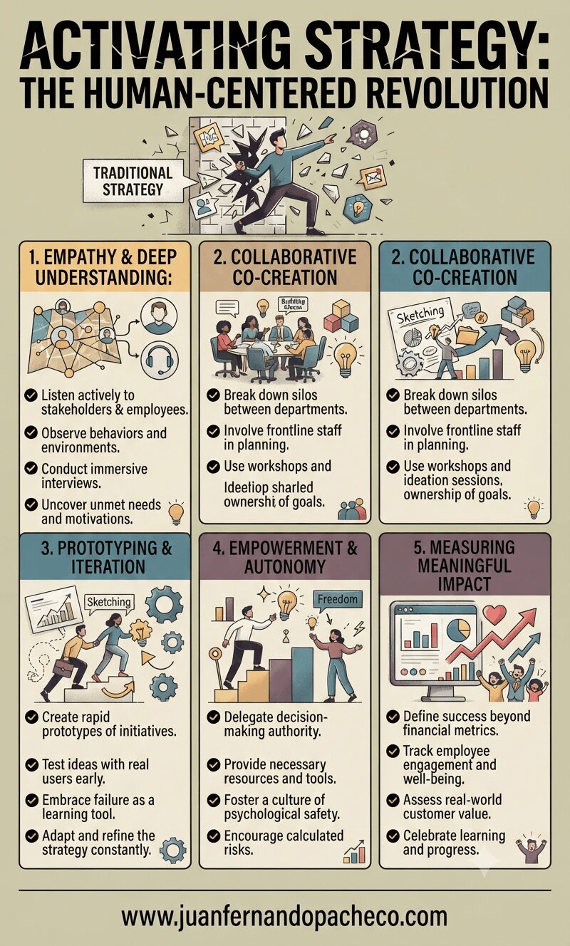 A creative and disruptive infographic titled "Activating Strategy: Human-Centered Approaches for Bringing Strategy to Life," featuring sections on ownership, stakeholder engagement, testing, resources, and daily rituals, with the color palette #cacaaa background, #eec584, #c8ab83, #55868c, and #7f636e, and reference to www.juanfernandopacheco.com.