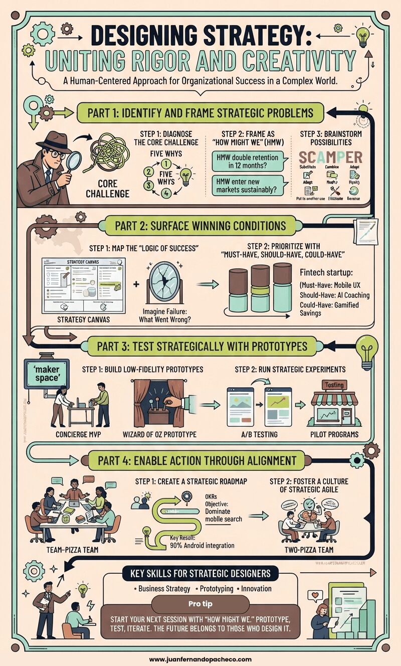 A comprehensive vertical infographic titled "Designing Strategy: Uniting Rigor and Creativity" set against a light peach background with a dark green border. It presents a four-part framework for organizational success using illustrations, icons, and text. Part 1 shows identifying problems with a detective and the Five Whys. Part 2 covers winning conditions using a Strategy Canvas and prioritization matrix. Part 3 illustrates low-fidelity prototypes and experiments like A/B testing. Part 4 details alignment through roadmaps and agile teams. The bottom section lists key skills and a call to action, with references to www.juanfernandopacheco.com.