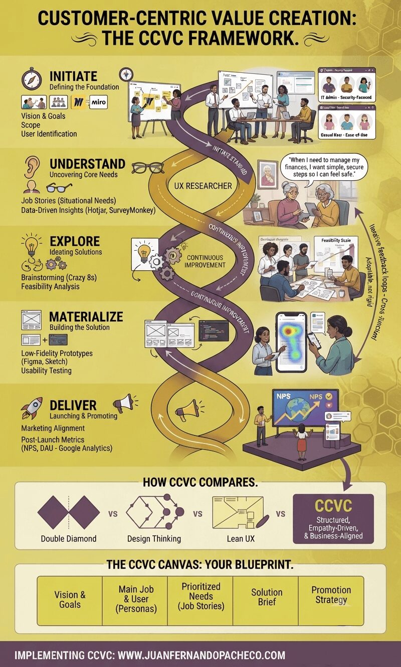 An infographic titled 'Customer-Centric Value Creation: The CCVC Framework' in a vertical format. The central visual is a DNA helix-like structure colored in the requested gold and purple palette, winding through five distinct phases: Initiate, Understand, Explore, Materialize, and Deliver. Each phase is detailed with icons, text, and illustrative scenes of diverse teams and users. The infographic also includes a comparison section with Double Diamond, Design Thinking, and Lean UX frameworks, a breakdown of 'The CCVC Canvas: Your Blueprint,' and a footer with the URL 'WWW.JUANFERNANDOPACHECO.COM'.
