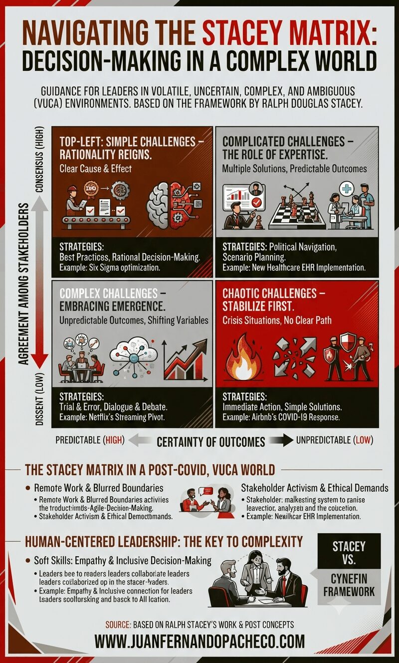 An infographic titled 'Navigating the Stacey Matrix: Decision-Making in a Complex World' set against a light grey background with a dark red, grey, and olive color scheme. It features a large matrix with two axes: 'Agreement Among Stakeholders' (vertical) and 'Certainty of Outcomes' (horizontal). The matrix is divided into four quadrants with icons, characteristics, strategies, and examples: Top-Left 'Simple Challenges' (rationality), Top-Right 'Complicated Challenges' (expertise), Bottom-Left 'Complex Challenges' (emergence), and Bottom-Right 'Chaotic Challenges' (stabilize first). Below the matrix are sections on 'The Stacey Matrix in a Post-COVID, VUCA World' and 'Human-Centered Leadership: The Key to Complexity' with small illustrations of people. The footer includes the URL 'WWW.JUANFERNANDOPACHECO.COM'.