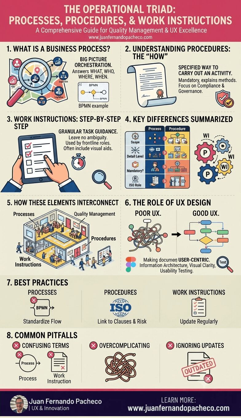 A comprehensive, color-coded vertical infographic titled "THE OPERATIONAL TRIAD: PROCESSES, PROCEDURES, & WORK INSTRUCTIONS," with the website www.juanfernandopacheco.com. It is structured into eight numbered sections with illustrations and icons, detailing the definitions, key differences summarized in a matrix, interconnectivity within a QMS, application of UX design principles, best practices, and common pitfalls for each concept. The style is modern, clean, and professional, utilizing a palette of pink, dark blue, yellow, and orange on a cream background.