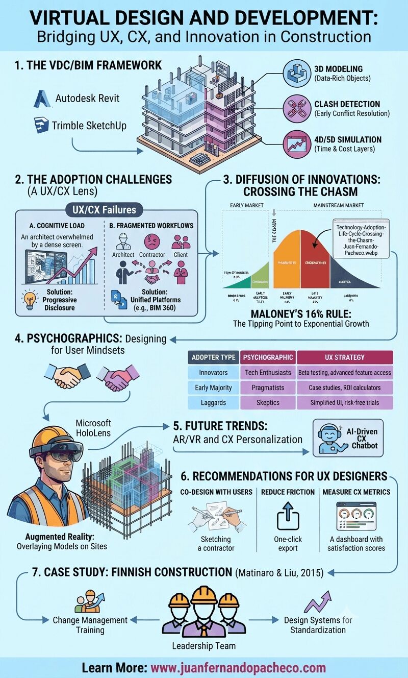 A comprehensive infographic titled 'VIRTUAL DESIGN AND DEVELOPMENT: Bridging UX, CX, and Innovation in Construction' that uses charts, diagrams, and illustrations to explain the role of User Experience (UX) and Customer Experience (CX) in the adoption of Virtual Design and Construction (VDC) and Building Information Modeling (BIM). The vertical graphic is structured in seven numbered sections: 1. The VDC/BIM Framework, 2. The Adoption Challenges (A UX/CX Lens), 3. Diffusion of Innovations: Crossing the Chasm, 4. Psychographics: Designing for User Mindsets, 5. Future Trends: AR/VR and CX Personalization, 6. Recommendations for UX Designers, and 7. Case Study: Finnish Construction (Matinaro & Liu, 2015). The infographic includes specific data from image_0.png, logos for software like Autodesk Revit and BIM 360, and concludes with a call to action to learn more at www.juanfernandopacheco.com.
