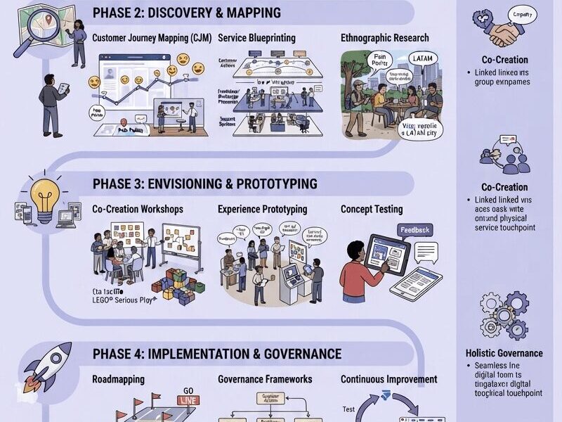 A detailed infographic titled "SERVICE DESIGN TOOLS AND METHODS" detailing a four-phase process, core principles, and case studies, all set on a light lavender background (#dddbf1). The four phases are: Phase 1: Alignment & Problem Framing (Stakeholder Mapping, Problem Statement Workshops, Business Model Canvas); Phase 2: Discovery & Mapping (Customer Journey Mapping, Service Blueprinting, Ethnographic Research); Phase 3: Envisioning & Prototyping (Co-Creation Workshops, Experience Prototyping, Concept Testing); and Phase 4: Implementation & Governance (Roadmapping, Governance Frameworks, Continuous Improvement). The side panel lists Core Principles: Human-Centered Focus, Co-Creation, Holistic Governance, and End-to-End Orchestration. Case Studies at the bottom feature Starbucks Mobile Order & Pay and NHS Digital (UK). The footer includes "Designed for www.juanfernandopacheco.com."