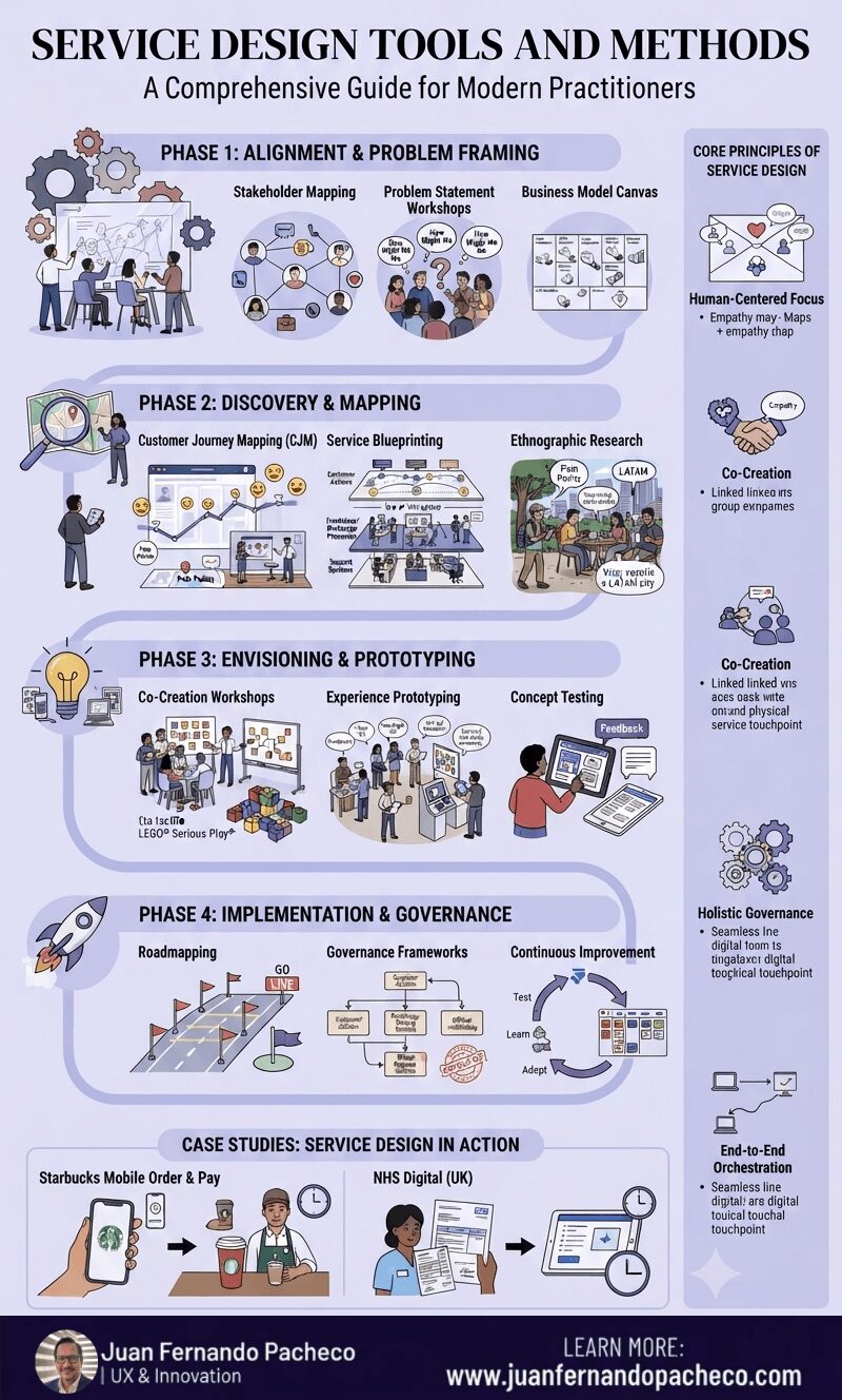A detailed infographic titled "SERVICE DESIGN TOOLS AND METHODS" detailing a four-phase process, core principles, and case studies, all set on a light lavender background (#dddbf1). The four phases are: Phase 1: Alignment & Problem Framing (Stakeholder Mapping, Problem Statement Workshops, Business Model Canvas); Phase 2: Discovery & Mapping (Customer Journey Mapping, Service Blueprinting, Ethnographic Research); Phase 3: Envisioning & Prototyping (Co-Creation Workshops, Experience Prototyping, Concept Testing); and Phase 4: Implementation & Governance (Roadmapping, Governance Frameworks, Continuous Improvement). The side panel lists Core Principles: Human-Centered Focus, Co-Creation, Holistic Governance, and End-to-End Orchestration. Case Studies at the bottom feature Starbucks Mobile Order & Pay and NHS Digital (UK). The footer includes "Designed for www.juanfernandopacheco.com."