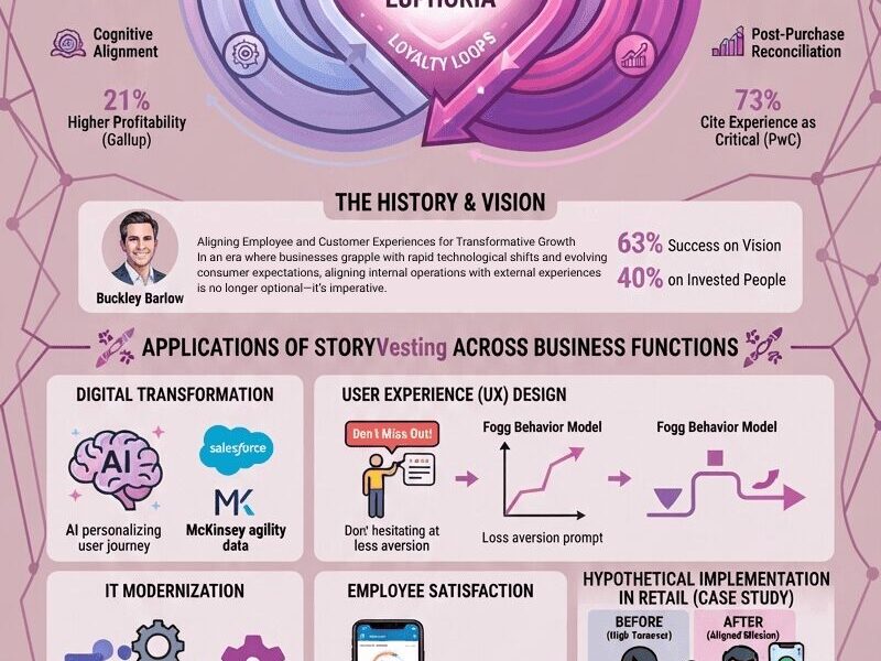 A comprehensive infographic visualizing the "StoryVesting" business framework. It details the concentric EX (Employee Experience) and CX (Customer Experience) circles, leading to "Brand Euphoria," and includes sections on history, applications across functions (Digital Transformation, UX, IT, Employee Satisfaction), a retail case study, and challenges/future outlook. The design uses a purple-pink color palette and features references to Gallup, PwC, Buckley Barlow, and www.juanfernandopacheco.com.