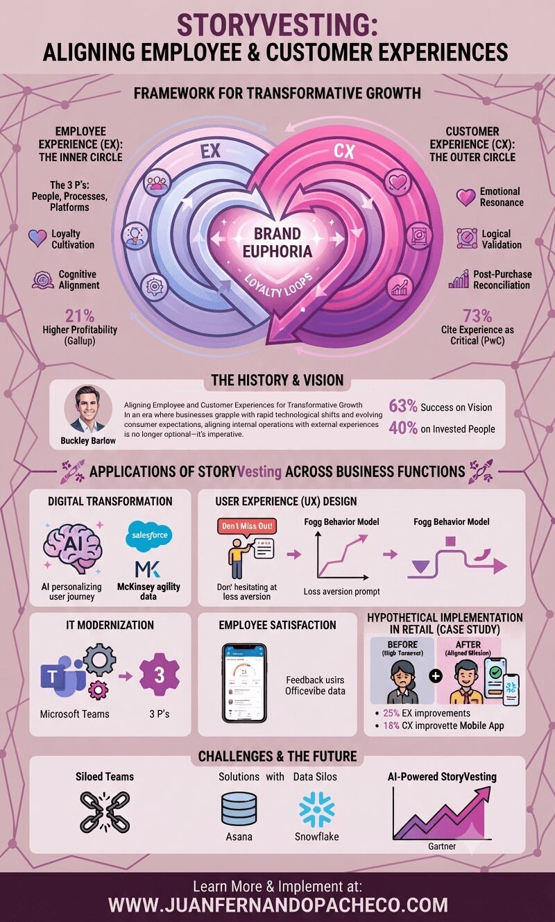 A comprehensive infographic visualizing the "StoryVesting" business framework. It details the concentric EX (Employee Experience) and CX (Customer Experience) circles, leading to "Brand Euphoria," and includes sections on history, applications across functions (Digital Transformation, UX, IT, Employee Satisfaction), a retail case study, and challenges/future outlook. The design uses a purple-pink color palette and features references to Gallup, PwC, Buckley Barlow, and www.juanfernandopacheco.com.