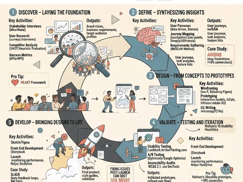 An infographic titled "The Comprehensive Guide to the User-Centered Design Process," detailing a five-phase UCD cycle (Discover, Define, Design, Validate, Develop) with key activities, tools, outputs, case studies from IBM, Airbnb, and Slack, and sections on common pitfalls, future trends, and a Don Norman quote, all branded with "WWW.JUANFERNANDOPACHECO.COM."