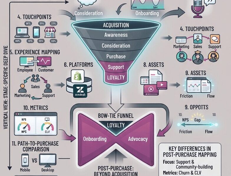 An infographic titled "The Customer Insights Map" illustrating the progression from traditional linear sales funnels to a dynamic "bow-tie" model. It details 12 core components for modern customer experience (CX) mapping—including Thinking, Feeling, Saying, Touchpoints, and Metrics—using a teal and magenta color scheme against a grey background.
