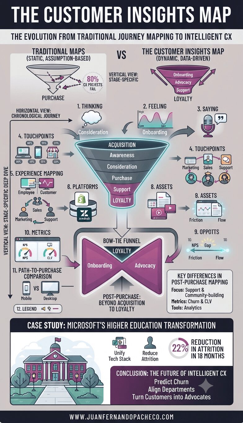 An infographic titled "The Customer Insights Map" illustrating the progression from traditional linear sales funnels to a dynamic "bow-tie" model. It details 12 core components for modern customer experience (CX) mapping—including Thinking, Feeling, Saying, Touchpoints, and Metrics—using a teal and magenta color scheme against a grey background.
