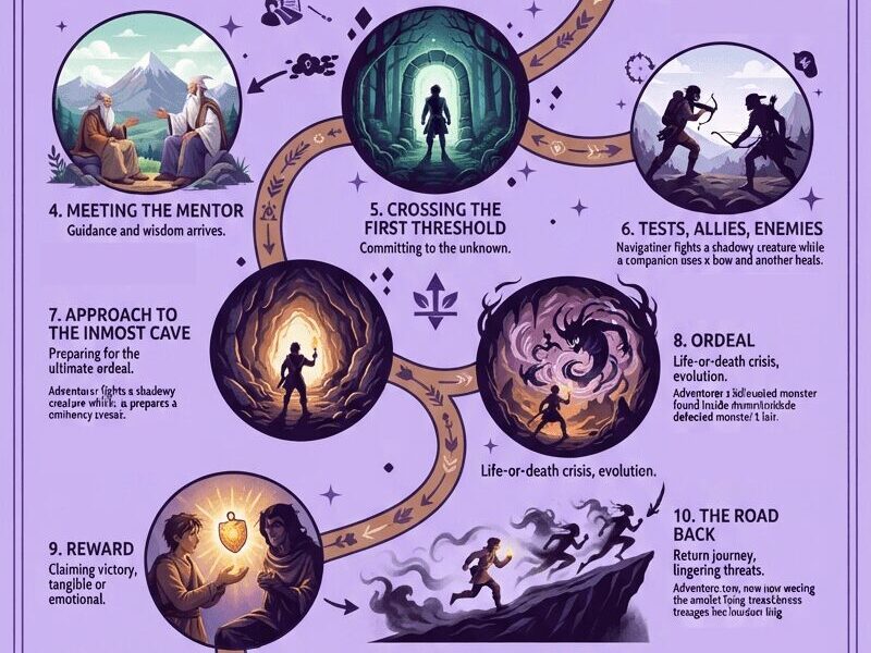 An intricate circular infographic, titled "The Hero’s Journey," mapping Joseph Campbell’s 12-stage narrative framework against a lavender background. Each stage—from the peaceful "Ordinary World" to the final "Return with the Elixir"—is represented by a distinct illustration within a circle, connected by a winding, dark purple path. Text descriptions and psychological parallels for every step are included, along with a footer featuring the URL www.juanfernandopacheco.com.