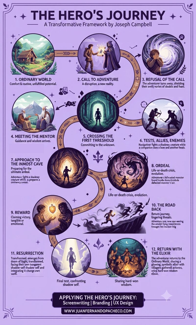 An intricate circular infographic, titled "The Hero’s Journey," mapping Joseph Campbell’s 12-stage narrative framework against a lavender background. Each stage—from the peaceful "Ordinary World" to the final "Return with the Elixir"—is represented by a distinct illustration within a circle, connected by a winding, dark purple path. Text descriptions and psychological parallels for every step are included, along with a footer featuring the URL www.juanfernandopacheco.com.