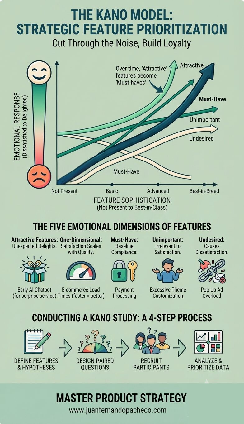 An infographic illustrating the Kano Model on a light green background with the color palette #c6dabf, #88d498, #1a936f, #114b5f, and #f3e9d2. It features a graph mapping emotional response against feature sophistication, breaks down the five emotional dimensions of features (Attractive, One-Dimensional, Must-Have, Unimportant, Undesired), outlines a 4-step process for conducting a Kano study, and displays the website reference www.juanfernandopacheco.com.