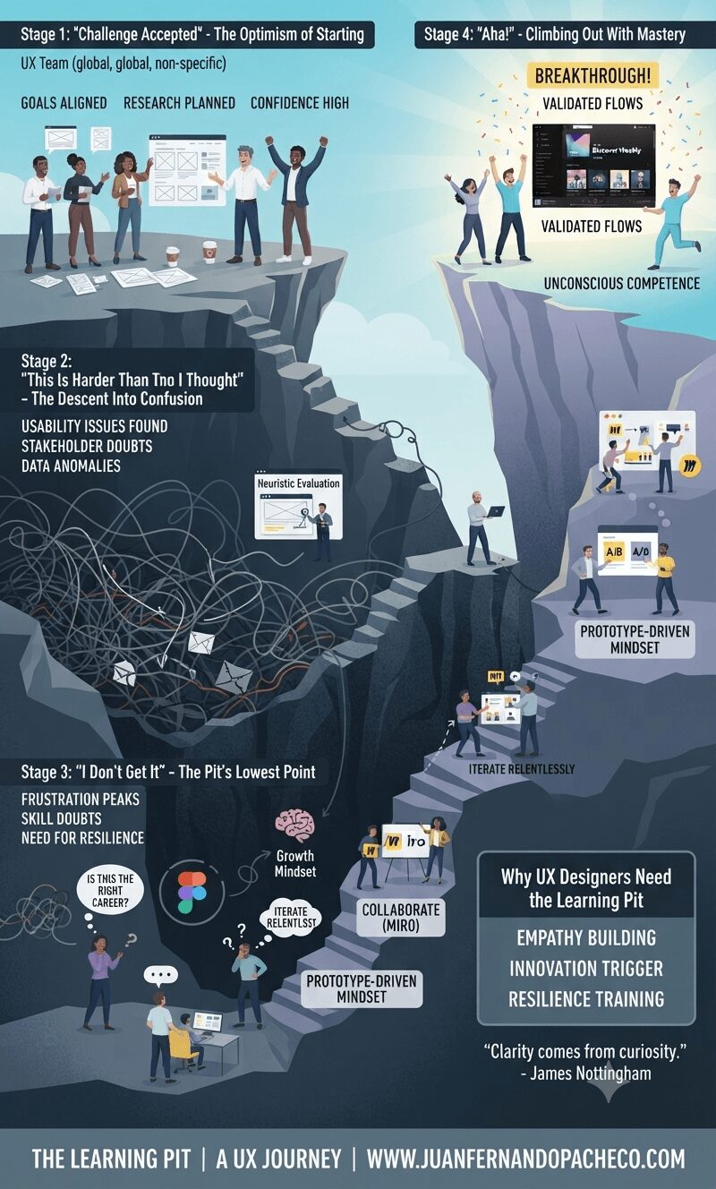 An intricate infographic visualizing James Nottingham’s "Learning Pit" model adapted for UX design. It depicts four stages across a deep chasm: a confident team starting a project, descending into a pit of complex, tangled wireframes and confusion, then utilizing tools like Miro and prototyping to climb the steps of iteration, and finally celebrating on a sunny peak with a validated product. The entire image has a blue-grey background and includes the text "THE LEARNING PIT | A UX JOURNEY | WWW.JUANFERNANDOPACHECO.COM."