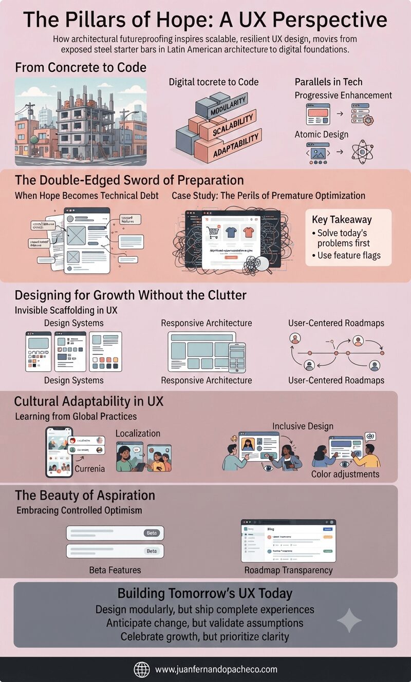 An infographic titled "The Pillars of Hope: A UX Perspective" visually explains how architectural futureproofing inspires scalable, resilient UX design, moving from exposed steel starter bars in Latin American architecture to digital foundations. The graphic is organized into five main parts: "From Concrete to Code" (showing modularity), "The Double-Edged Sword of Preparation" (addressing technical debt), "Designing for Growth Without the Clutter" (focusing on invisible scaffolding), "Cultural Adaptability in UX" (highlighting global practices), and "The Beauty of Aspiration" (emphasizing controlled optimism). The bottom footer includes the URL www.juanfernandopacheco.com.