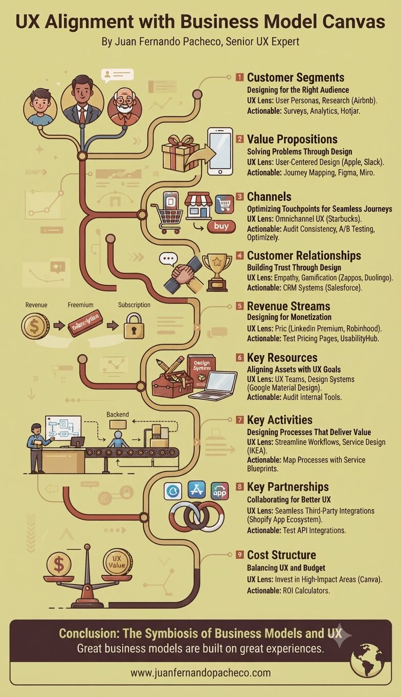 An infographic titled "UX Alignment with Business Model Canvas" by Juan Fernando Pacheco, presented in a professional, illustrative style on a warm beige background. The image details nine building blocks arranged vertically along an organic, winding path. Each block features a title, a corresponding icon, a "UX Lens" perspective, and an "Actionable Insight."