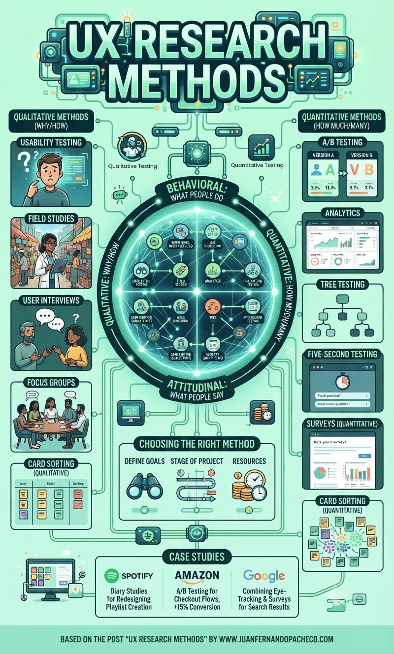 A comprehensive, vertical infographic titled "UX Research Methods" detailing qualitative and quantitative methods, categorized by behavioral ("what people do") and attitudinal ("what people say"). The design uses a green, blue, and yellow color palette and features a central matrix connected to detailed panels for each method, including Usability Testing, A/B Testing, Interviews, and Analytics, concluding with case studies from Spotify, Amazon, and Google, and a reference to juanfernandopacheco.com.
