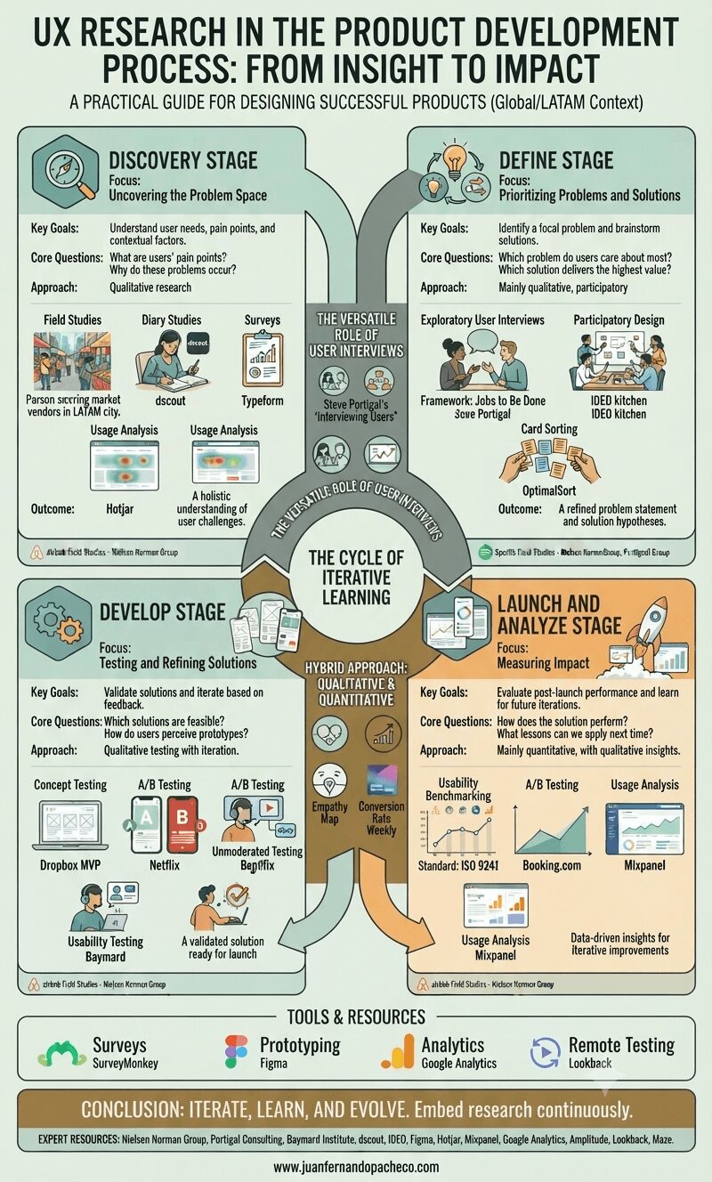 A detailed infographic titled "UX Research in the Product Development Process: From Insight to Impact," presented in a circular flow divided into four main stages: Discovery, Define, Develop, and Launch and Analyze. The graphic includes key goals, core questions, approaches, and specific methods with illustrative icons for each stage, such as field studies in a LATAM market, A/B testing screens, and usability benchmarking charts. Central sections highlight the "Cycle of Iterative Learning," "The Versatile Role of User Interviews," and "Hybrid Approach: Qualitative & Quantitative." The bottom features "Tools & Resources" and a conclusion with "Expert Resources." The entire graphic uses a professional color palette of greens, blues, and warm beiges, with the URL www.juanfernandopacheco.com at the bottom.