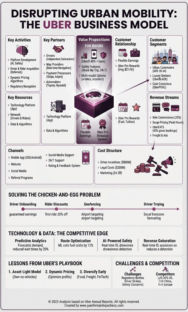 Infographic illustrating Uber's business model, including key activities, resources, partners, value propositions for riders and drivers, customer segments, revenue streams, and cost structure. The graphic features the text "DISRUPTING URBAN MOBILITY: THE UBER BUSINESS MODEL" and includes a footer with attribution to Juan Fernando Pacheco.