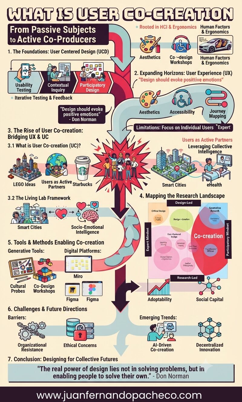 An intricate infographic titled "What is User Co-creation: From Passive Subjects to Active Co-Producers," illustrating the historical evolution of design methodologies from User Centered Design (UCD) to User Experience (UX) and finally to User Co-creation (UC). The graphic uses a vibrant color palette and segmented arrows to flow through seven key sections, detailing principles, tools (e.g., LEGO Ideas, Starbucks, Miro, Figma), frameworks (Living Labs, Sanders & Stappers' Research Map), metrics (Social Capital), challenges, and future trends (AI-Driven, Decentralized Innovation). It includes a concluding quote from Don Norman and branding for www.juanfernandopacheco.com.