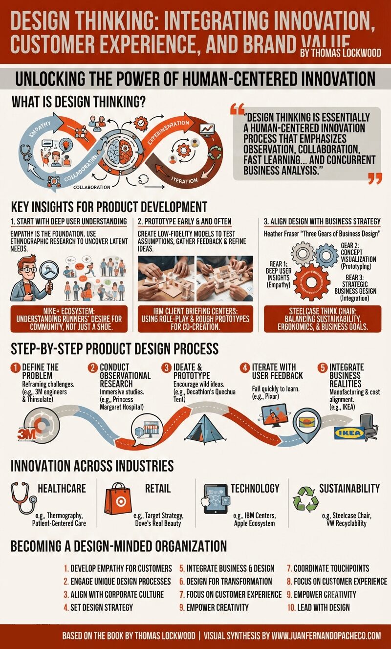 An infographic titled "Design Thinking: Integrating Innovation, Customer Experience, and Brand Value by Thomas Lockwood" set against a light off-white background. The image is a comprehensive visual guide, structured in sections with bold text and diagrams in a palette of red, orange, grey, and blue. It covers "What is Design Thinking?" with a cyclical process diagram and a quote from Lockwood; "Key Insights for Product Development" with examples from Nike, IBM, and Steelcase; a "Step-by-Step Product Design Process" timeline; "Innovation Across Industries" (Healthcare, Retail, Technology, Sustainability); and "Becoming a Design-Minded Organization" listing ten principles. The bottom footer references "www.juanfernandopacheco.com".